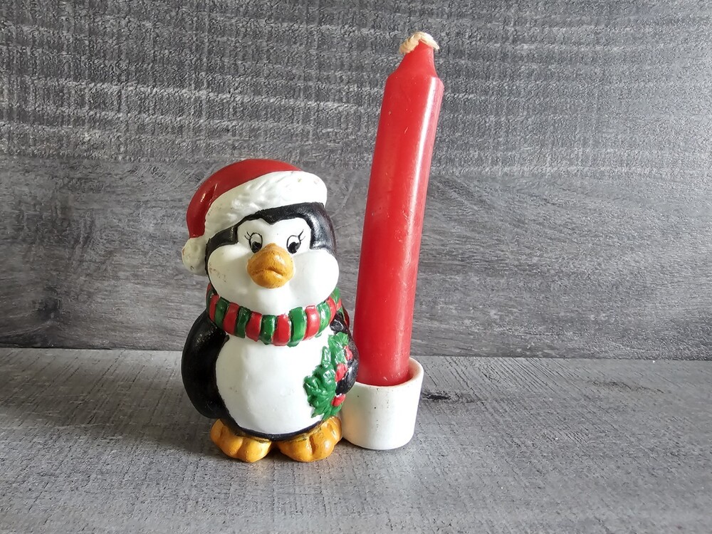 Holiday Friends Candle Holder Vtg Penguin Christmas Decor G23h3